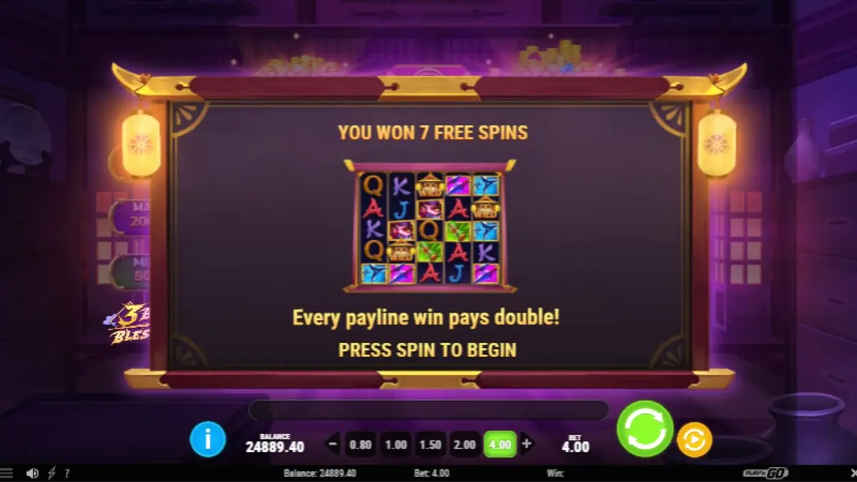 Pemandangan atmosferik slot 3 Blades & Blessings dengan tema ninja dan pagoda