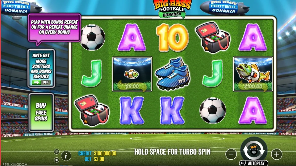 Tampilan antarmuka seluler Big Bass Football Bonanza dengan simbol bertema olahraga