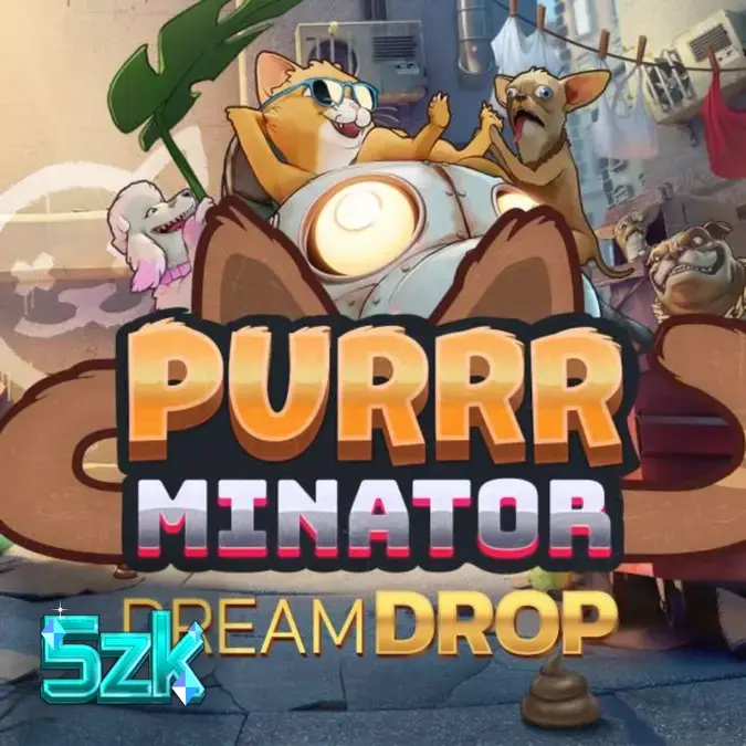 Karakter kucing robotik dalam latar belakang kota dystopian neon pada slot Purrrminator Dream Drop