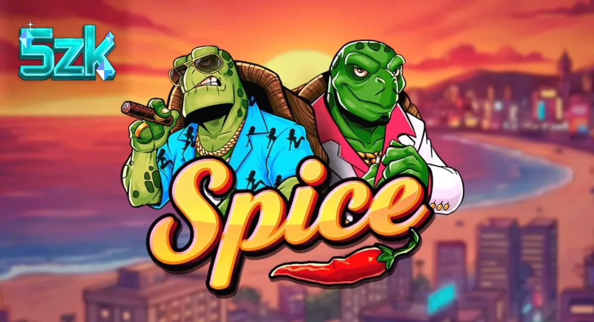 Tampilan visual slot Spice dengan tema kura-kura dan pantai neon